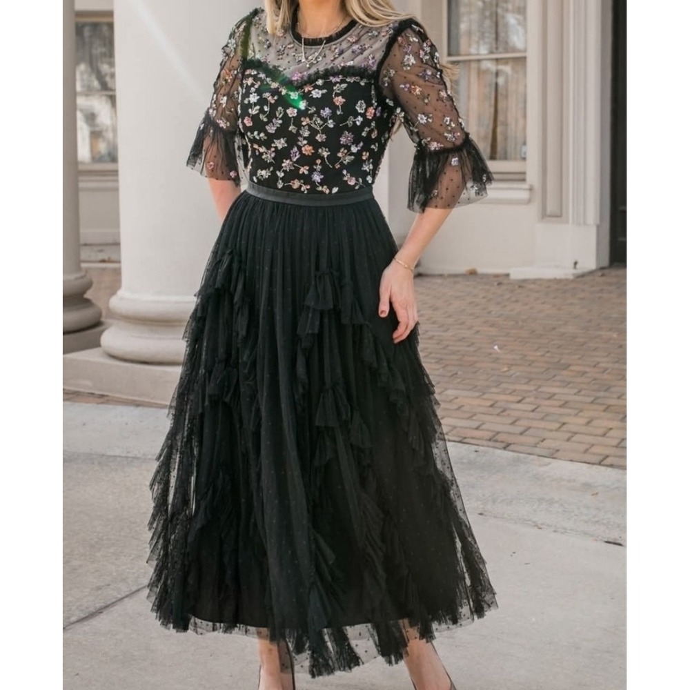 IVY CITY CO. Paris Beaded Floral Tulle Midi Dress